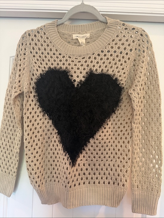 Love Crazy Sweaters - LoveCraft Beige Open-Weave Crewneck Sweater with Black Fuzzy Heart